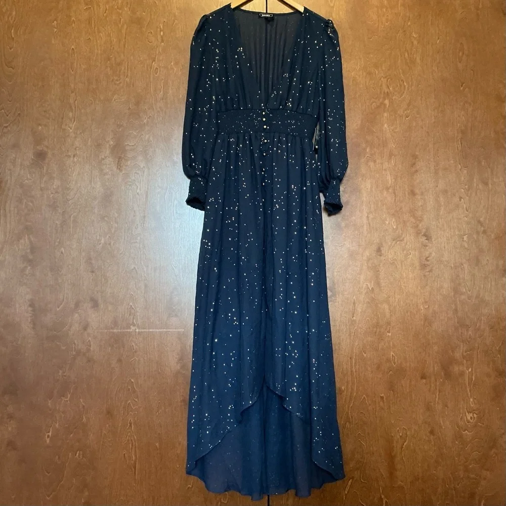 Soieblu Semi Sheer High Low Lined Maxi Dress Navy Button Up Sparkly Gold Dots L - Picture 2 of 8